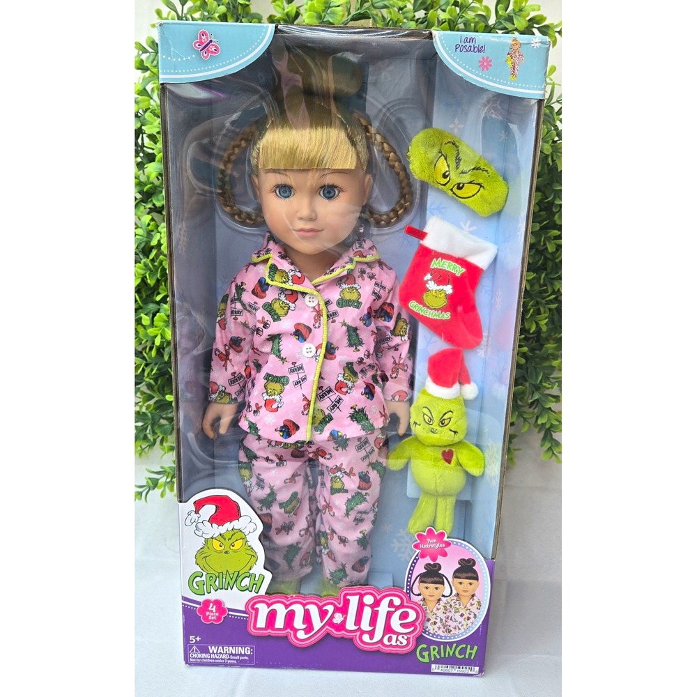 My Life As Grinch Sleepover 18" Doll 4 Piece Christmas Set Blonde Blue Eyes NIB